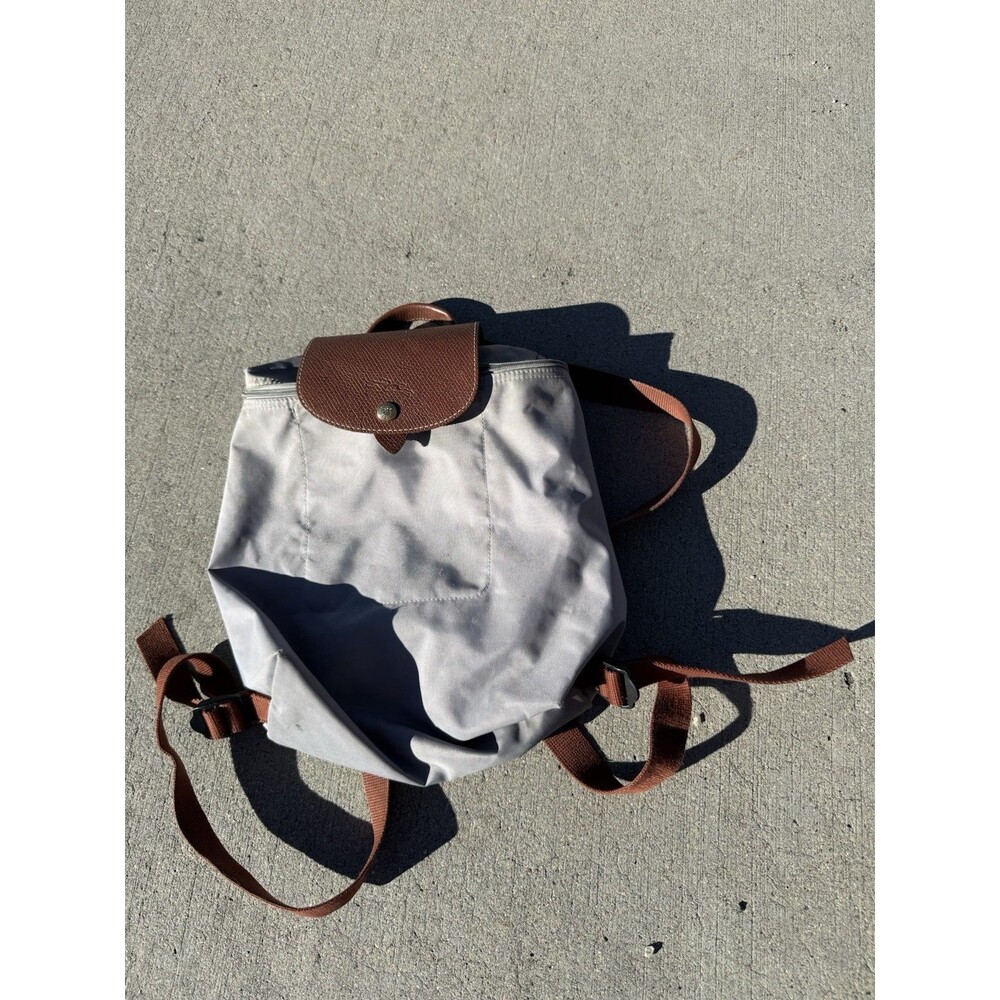 Longchamp Le Pliage Original S Foldable Backpack Dove Grey with brown leather